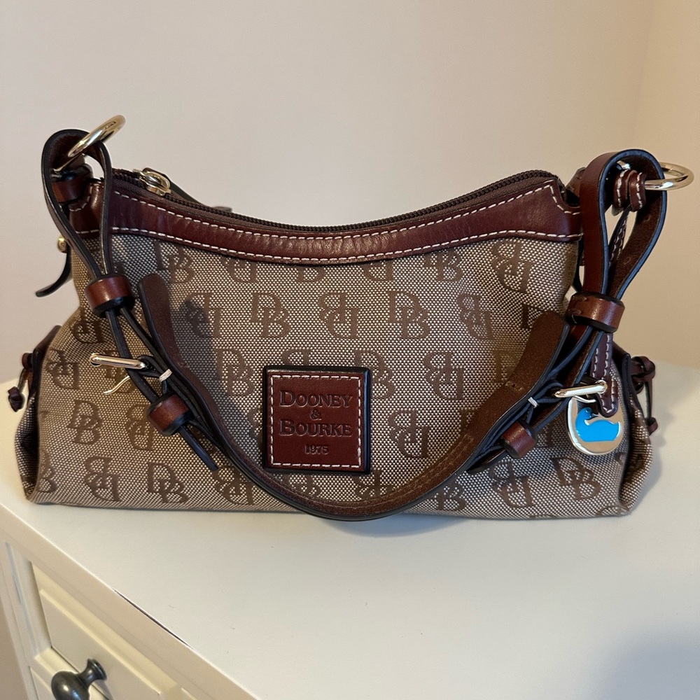Dooney & Bourke Brown/Amber Mini East/West Slouch Bag - Canvas with Leather Trim